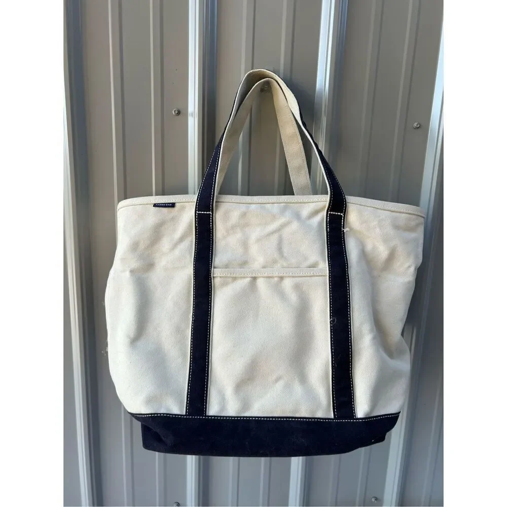 Lands End Boat tote cream canvas black straps 23